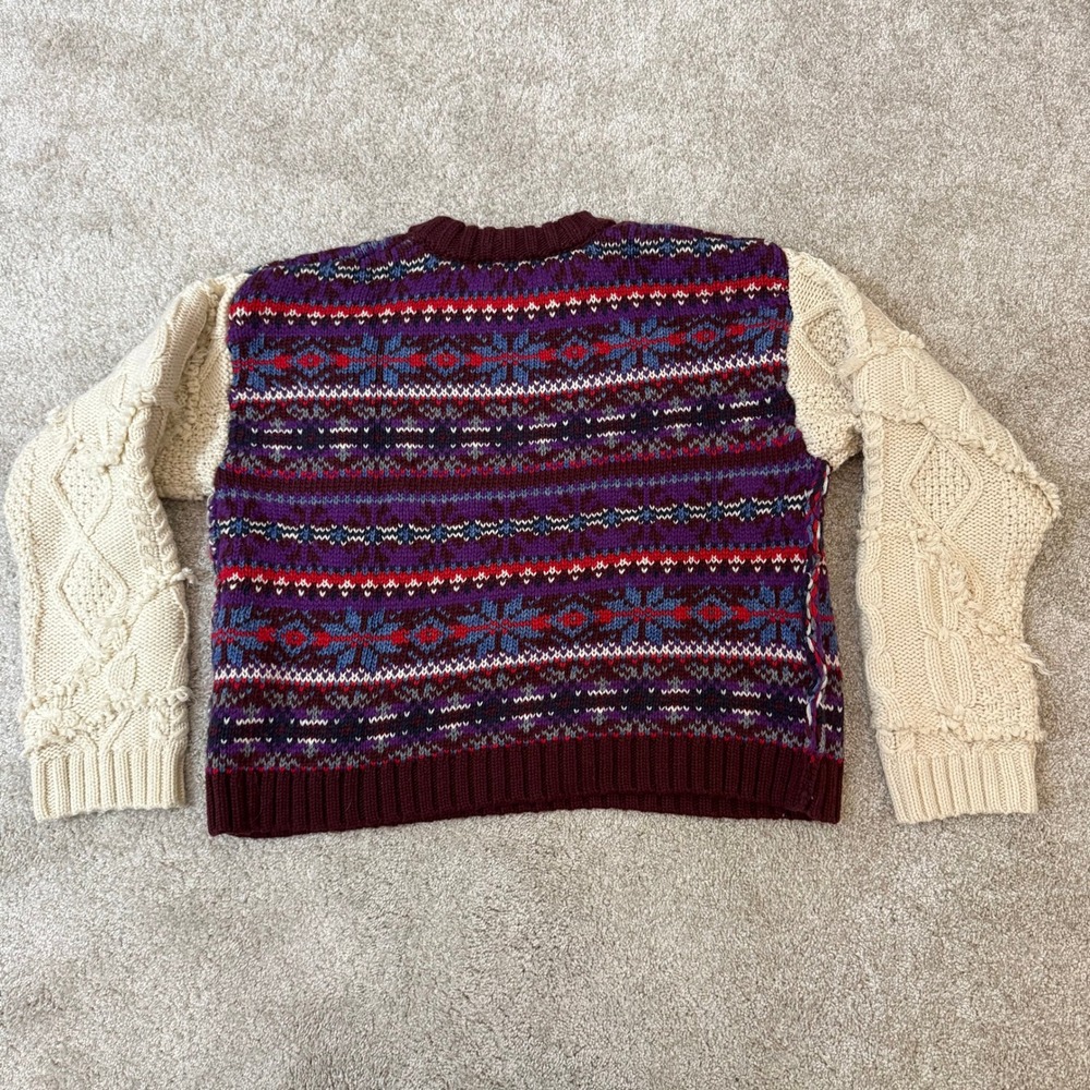 Zara Womens Fair Isle Mixed Knit Sweater Purple Red Cable Knit Sleeves Small - Picture 4 of 9